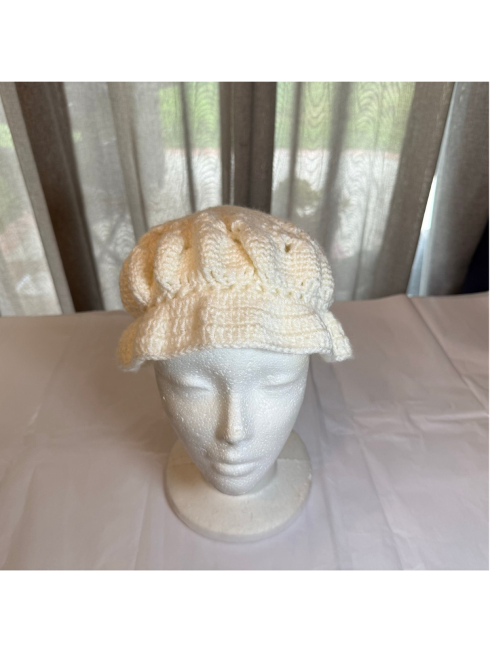 Vintage 90s white crocheted hat peasant wool warm cable knit cottage Ren Fair OS